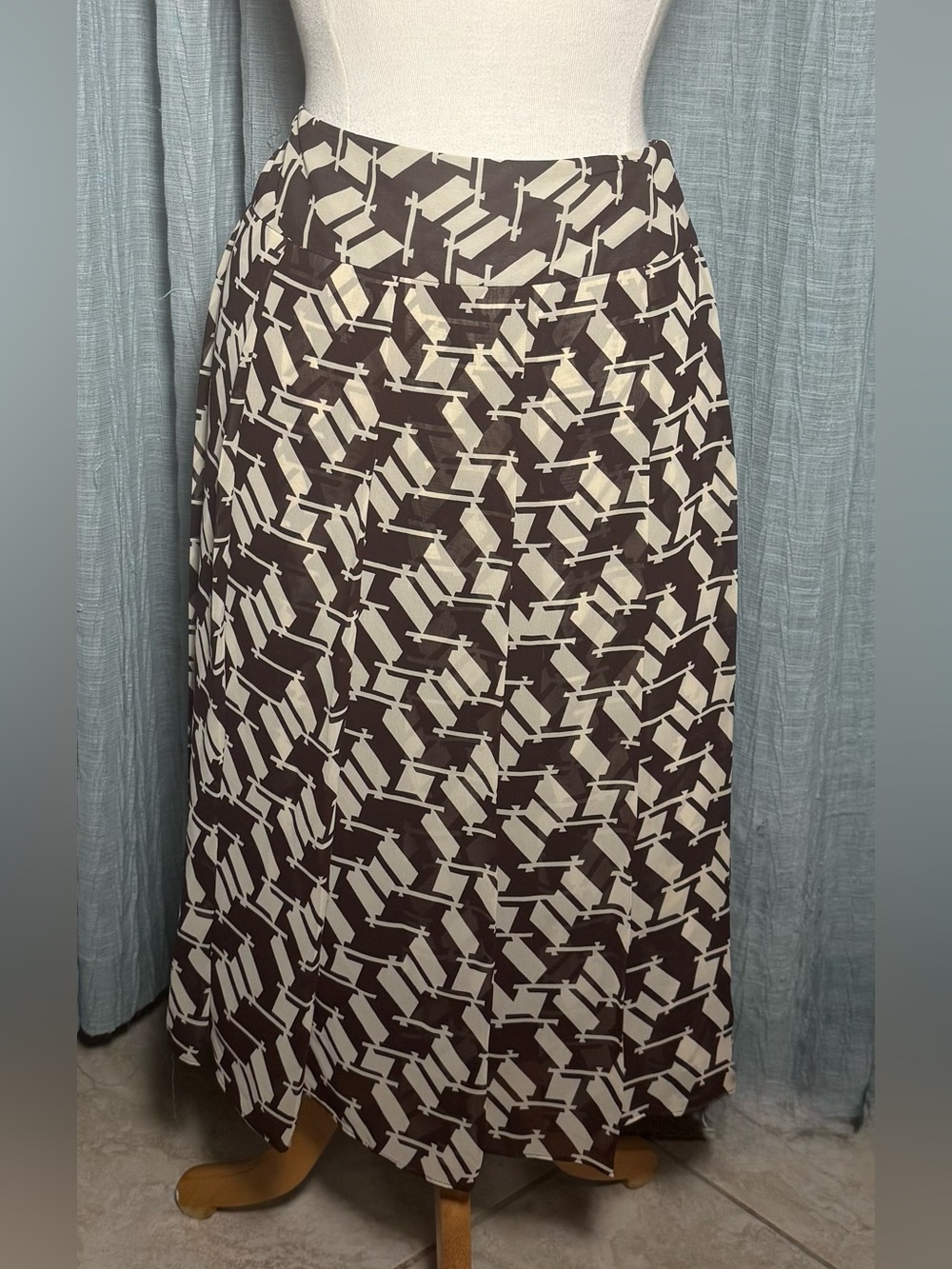J. Crew Brown and Cream Geometric Pleated  A-Line Midi Skirt